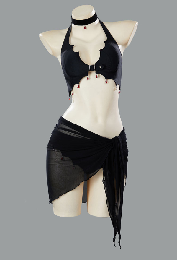 Blood Moon Silhouette Gothic Black Bat Wings Styled Blood Drop Pendant Two-Piece Swimsuit Bikini Set Suit with Wrap Skirt Blood Moon Silhouette Gothic Black Bat Wings Styled Blood Drop Pendant Two-Piece Swimsuit Bikini Set Suit with Wrap Skirt