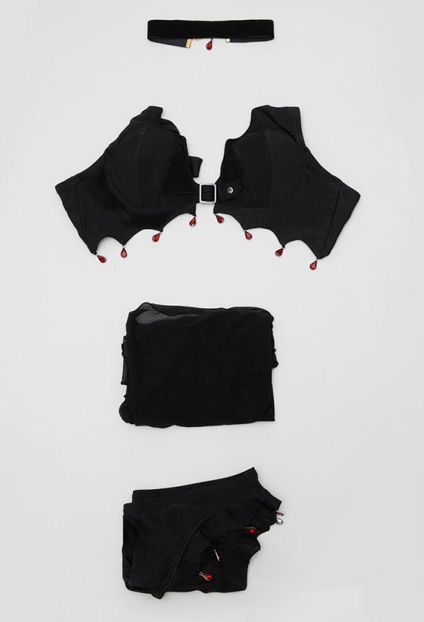 Blood Moon Silhouette Gothic Black Bat Wings Styled Blood Drop Pendant Two-Piece Swimsuit Bikini Set Suit with Wrap Skirt Blood Moon Silhouette Gothic Black Bat Wings Styled Blood Drop Pendant Two-Piece Swimsuit Bikini Set Suit with Wrap Skirt
