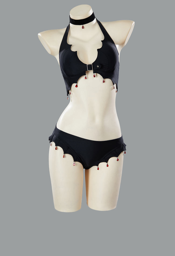 Blood Moon Silhouette Gothic Black Bat Wings Styled Blood Drop Pendant Two-Piece Swimsuit Bikini Set Suit with Wrap Skirt Blood Moon Silhouette Gothic Black Bat Wings Styled Blood Drop Pendant Two-Piece Swimsuit Bikini Set Suit with Wrap Skirt