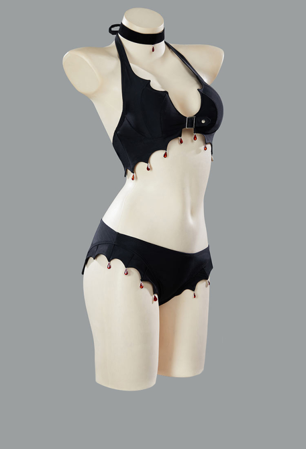 Blood Moon Silhouette Gothic Black Bat Wings Styled Blood Drop Pendant Two-Piece Swimsuit Bikini Set Suit with Wrap Skirt Blood Moon Silhouette Gothic Black Bat Wings Styled Blood Drop Pendant Two-Piece Swimsuit Bikini Set Suit with Wrap Skirt