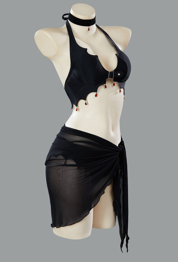 Blood Moon Silhouette Gothic Black Bat Wings Styled Blood Drop Pendant Two-Piece Swimsuit Bikini Set Suit with Wrap Skirt Blood Moon Silhouette Gothic Black Bat Wings Styled Blood Drop Pendant Two-Piece Swimsuit Bikini Set Suit with Wrap Skirt