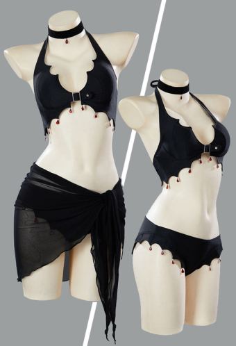 Blood Moon Silhouette Gothic Black Bat Wings Styled Blood Drop Pendant Two-Piece Swimsuit Bikini Set Suit with Wrap Skirt