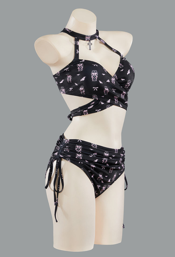 Buried Beauty Gothic Black and Pink Coffin Printed Swimsuit Two-Piece Bikini Set Cross Halter Top and Bottom Bathing Suit
