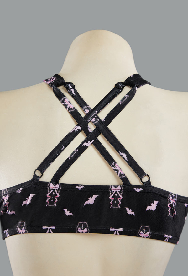 Buried Beauty Gothic Black and Pink Coffin Printed Swimsuit Two-Piece Bikini Set Cross Halter Top and Bottom Bathing Suit