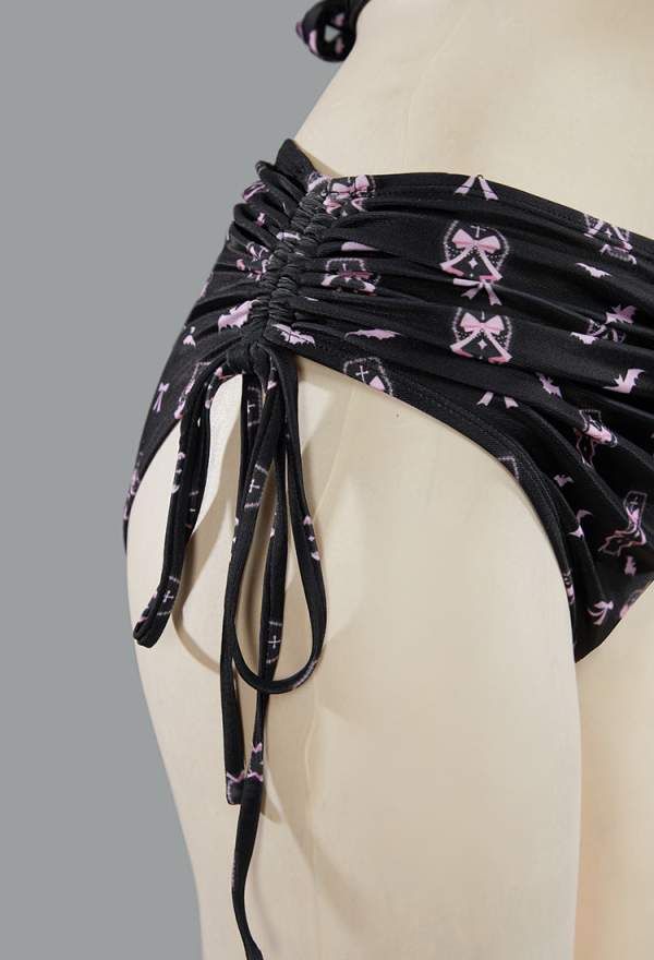 Buried Beauty Gothic Black and Pink Coffin Printed Swimsuit Two-Piece Bikini Set Cross Halter Top and Bottom Bathing Suit