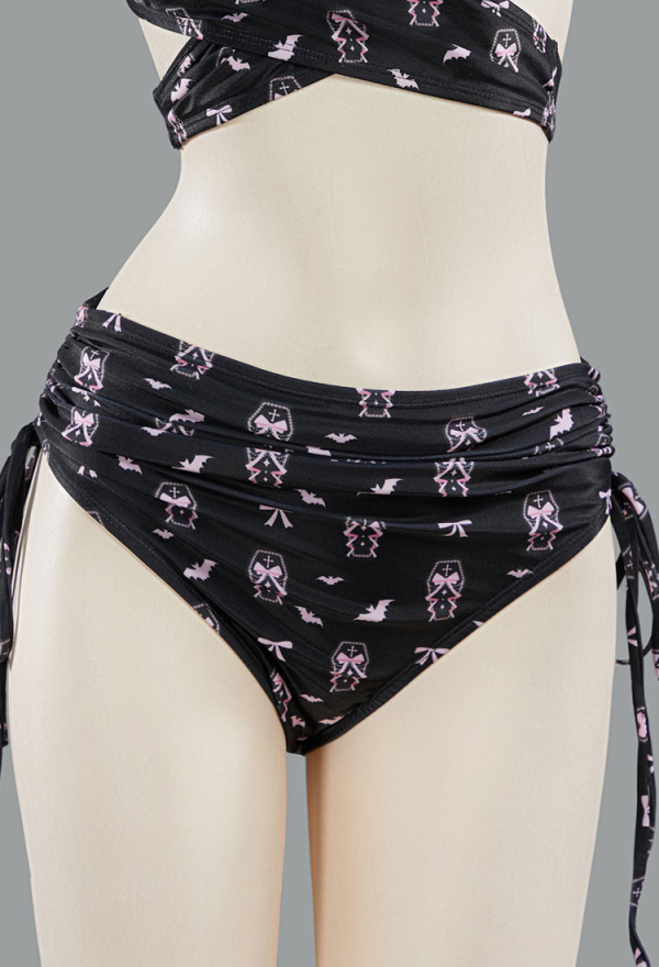 Buried Beauty Gothic Black and Pink Coffin Printed Swimsuit Two-Piece Bikini Set Cross Halter Top and Bottom Bathing Suit