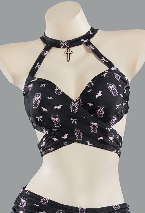 Buried Beauty Gothic Black and Pink Coffin Printed Swimsuit Two-Piece Bikini Set Cross Halter Top and Bottom Bathing Suit