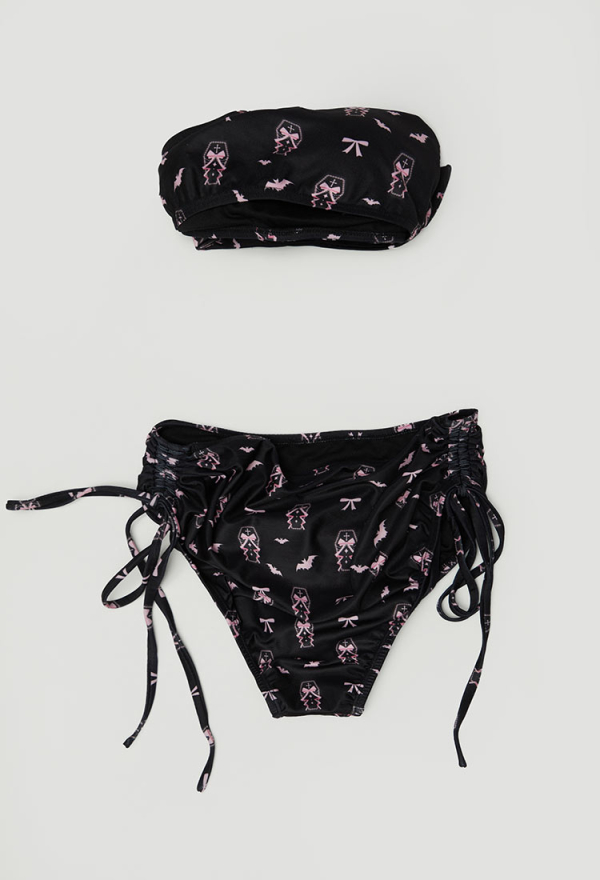 Buried Beauty Gothic Black and Pink Coffin Printed Swimsuit Two-Piece Bikini Set Cross Halter Top and Bottom Bathing Suit