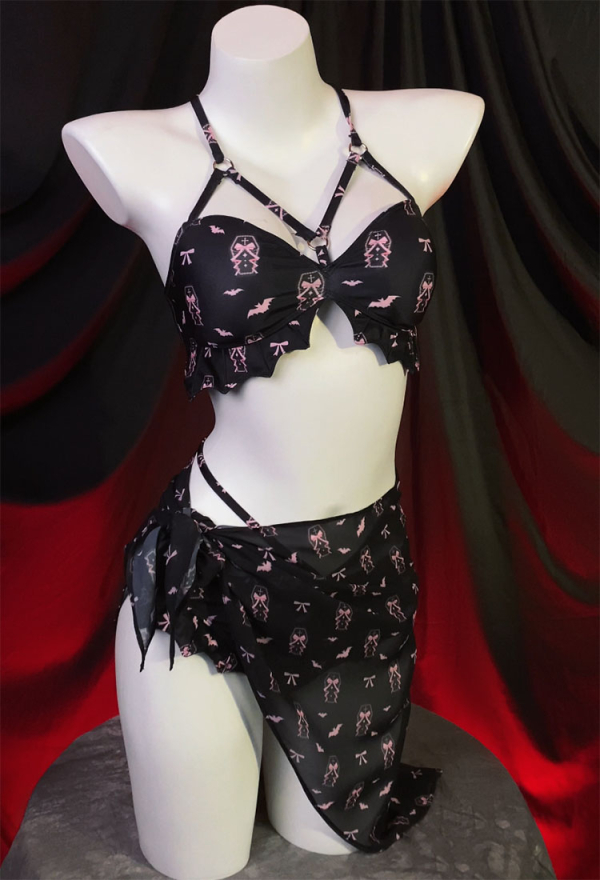 Buried Beauty Gothic Black and Pink Coffin Printed Swimsuit Bat Shaped Swimwear Suit with Wrap Skirt