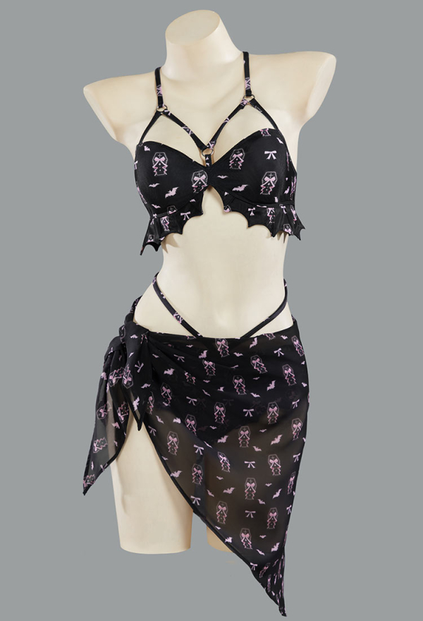 Buried Beauty Gothic Black and Pink Coffin Printed Swimsuit Bat Shaped Swimwear Suit with Wrap Skirt