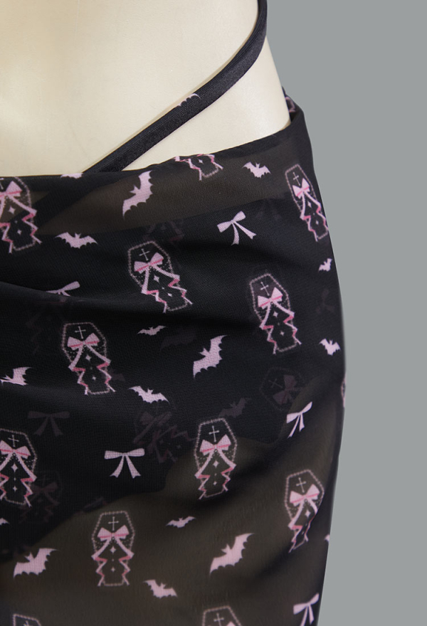 Buried Beauty Gothic Black and Pink Coffin Printed Swimsuit Bat Shaped Swimwear Suit with Wrap Skirt