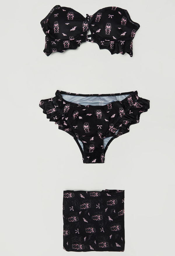 Buried Beauty Gothic Black and Pink Coffin Printed Swimsuit Bat Shaped Swimwear Suit with Wrap Skirt