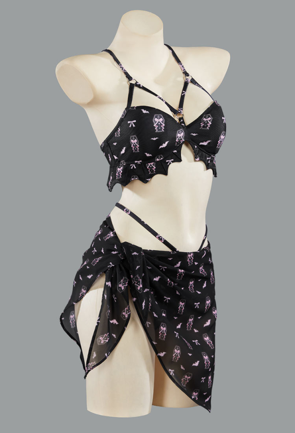 Buried Beauty Gothic Black and Pink Coffin Printed Swimsuit Bat Shaped Swimwear Suit with Wrap Skirt