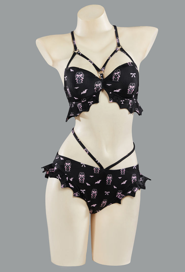 Buried Beauty Gothic Black and Pink Coffin Printed Swimsuit Bat Shaped Swimwear Suit with Wrap Skirt