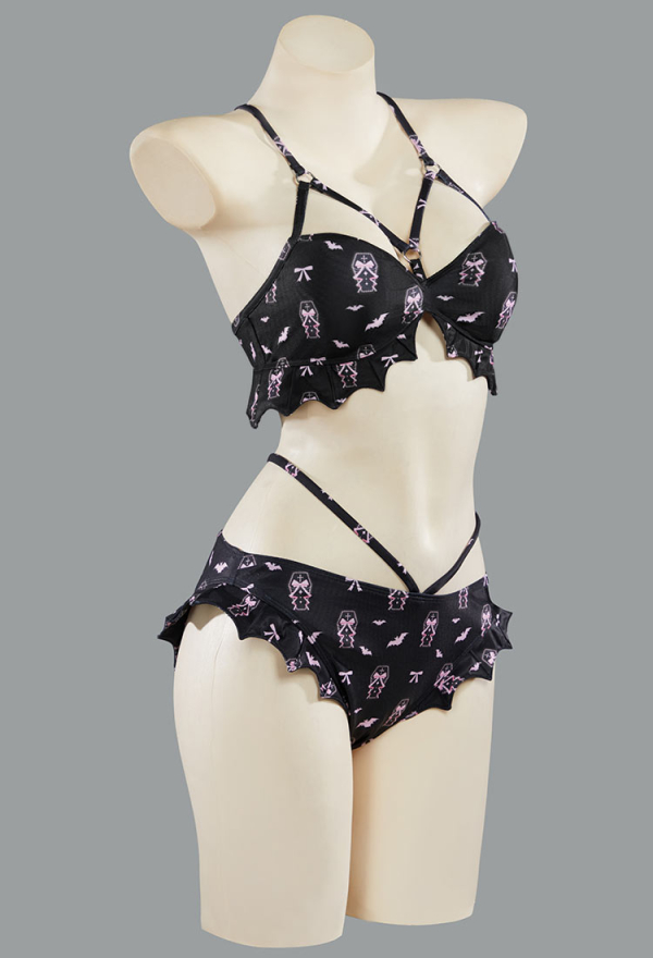 Buried Beauty Gothic Black and Pink Coffin Printed Swimsuit Bat Shaped Swimwear Suit with Wrap Skirt