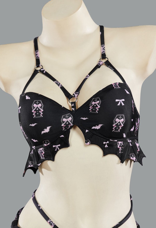Buried Beauty Gothic Black and Pink Coffin Printed Swimsuit Bat Shaped Swimwear Suit with Wrap Skirt