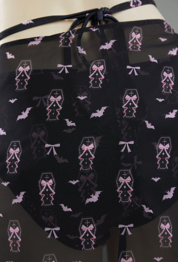 Buried Beauty Gothic Black and Pink Coffin Printed Swimsuit Bat Shaped Swimwear Suit with Wrap Skirt