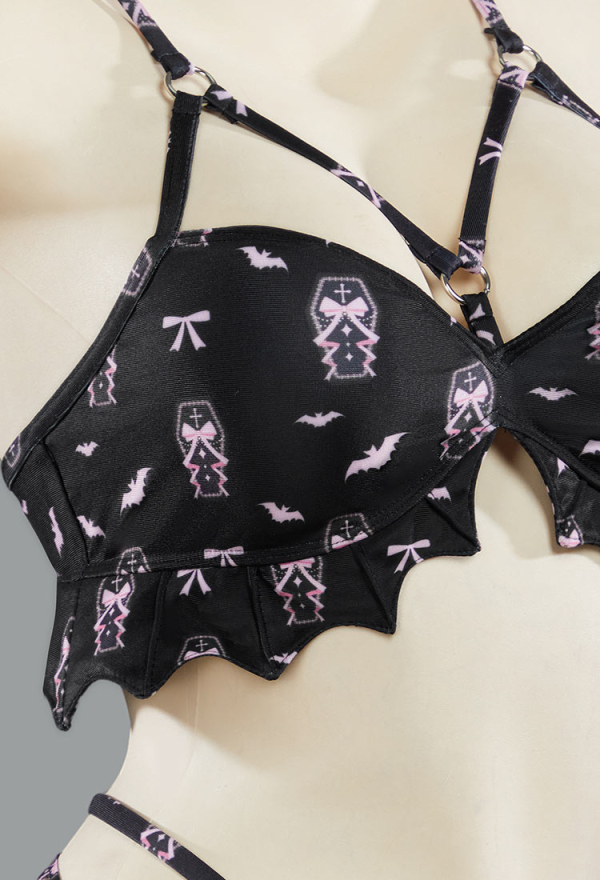 Buried Beauty Gothic Black and Pink Coffin Printed Swimsuit Bat Shaped Swimwear Suit with Wrap Skirt