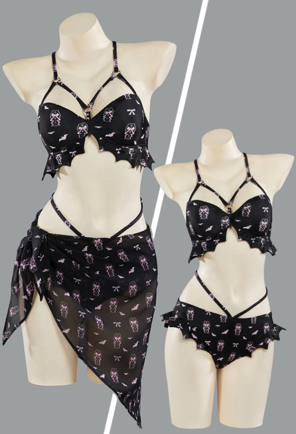 Buried Beauty Gothic Black and Pink Coffin Printed Swimsuit Bat Shaped Swimwear Suit with Wrap Skirt