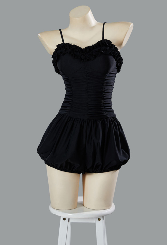 Timeless Abyss Gothic Black Vintage Style One-Piece Swimsuit Ruffled Lace Bathing Suit with Straps