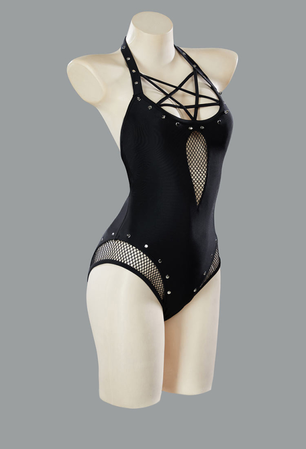 Riot Waves Gothic Black Fishnet Patchwork One Piece Swimsuit Pentagram Cross Strap Bathing Suit
