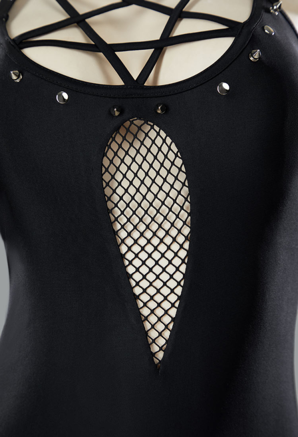 Riot Waves Gothic Black Fishnet Patchwork One Piece Swimsuit Pentagram Cross Strap Bathing Suit