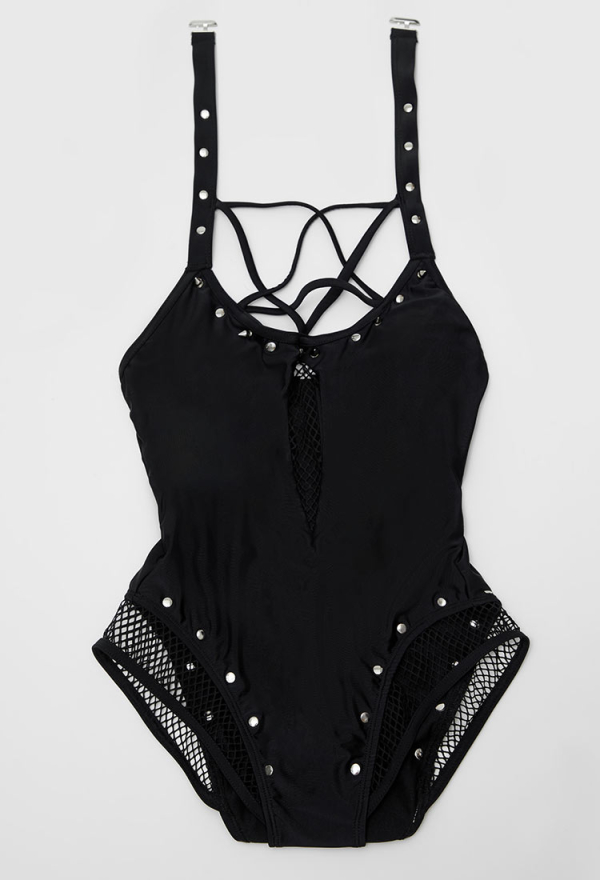 Riot Waves Gothic Black Fishnet Patchwork One Piece Swimsuit Pentagram Cross Strap Bathing Suit
