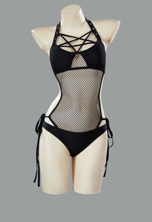 Riot Waves Gothic Black Fishing Net Cutout One Piece Swimsuit Pentagram Cross Strap Bathing Suit with Bottoms Riot Waves Gothic Black Fishing Net Cutout One Piece Swimsuit Pentagram Cross Strap Bathing Suit with Bottoms