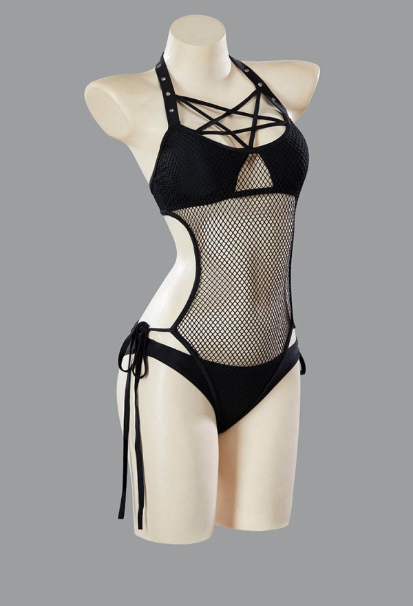 Riot Waves Gothic Black Fishing Net Cutout One Piece Swimsuit Pentagram Cross Strap Bathing Suit with Bottoms Riot Waves Gothic Black Fishing Net Cutout One Piece Swimsuit Pentagram Cross Strap Bathing Suit with Bottoms