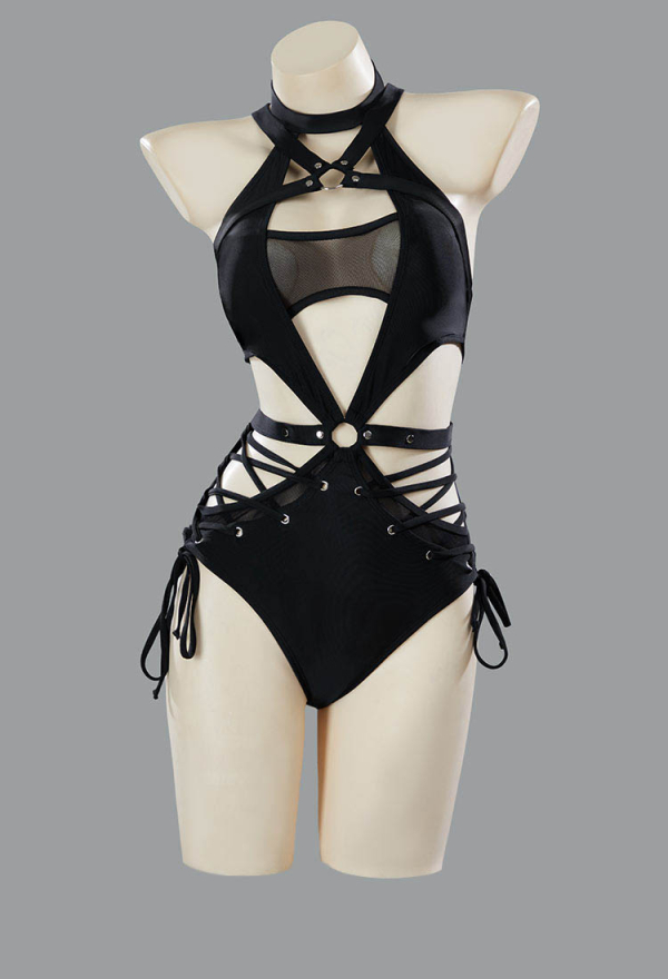 Ember Edge Gothic Black Bandage Bathing Suit Halter One Piece Swimsuit with Sleeves