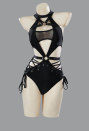 Ember Edge Gothic Black Bandage Bathing Suit Halter One Piece Swimsuit with Sleeves