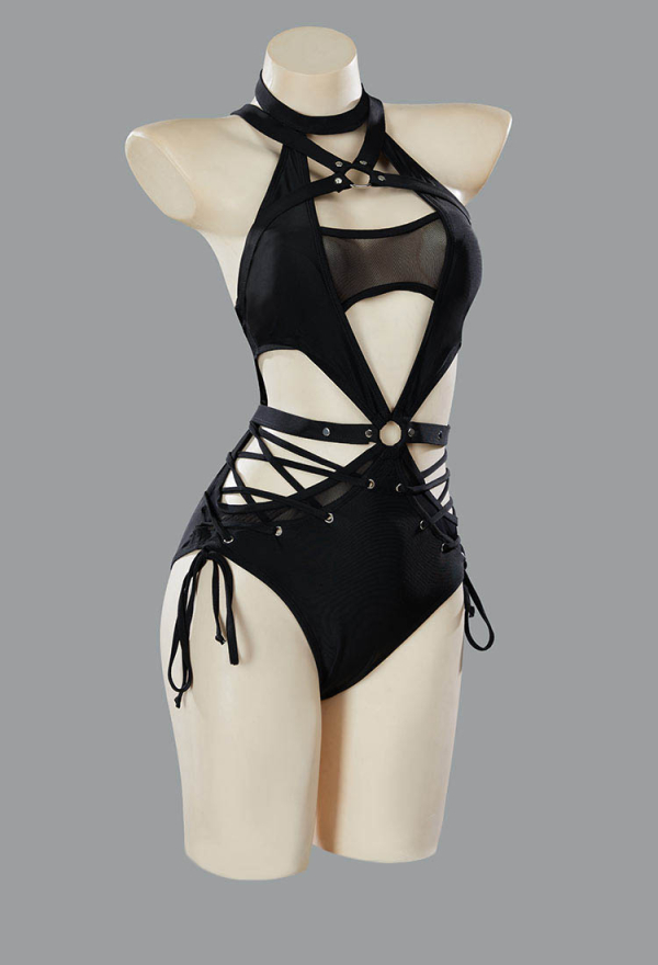Ember Edge Gothic Black Bandage Bathing Suit Halter One Piece Swimsuit with Sleeves