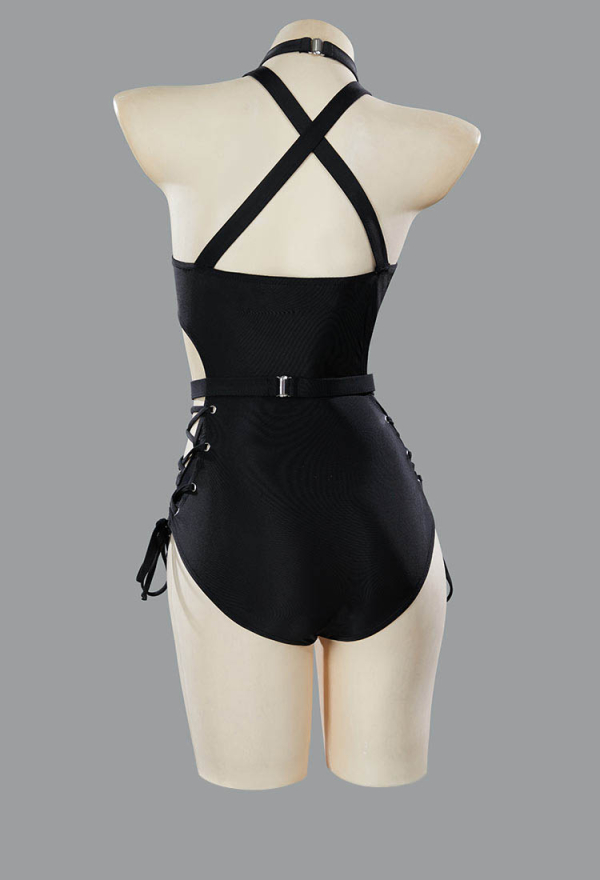 Ember Edge Gothic Black Bandage Bathing Suit Halter One Piece Swimsuit with Sleeves