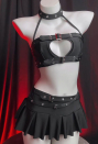 Dark Rebel Gothic Black Heart Cutout Swimsuit Punky Buckle Two-Piece Beach Wear Halter Top and Culottes