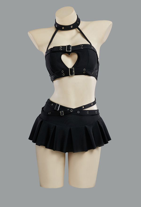 Dark Rebel Gothic Black Heart Cutout Swimsuit Punky Buckle Two-Piece Beach Wear Halter Top and Culottes Dark Rebel Gothic Black Heart Cutout Swimsuit Punky Buckle Two-Piece Beach Wear Halter Top and Culottes