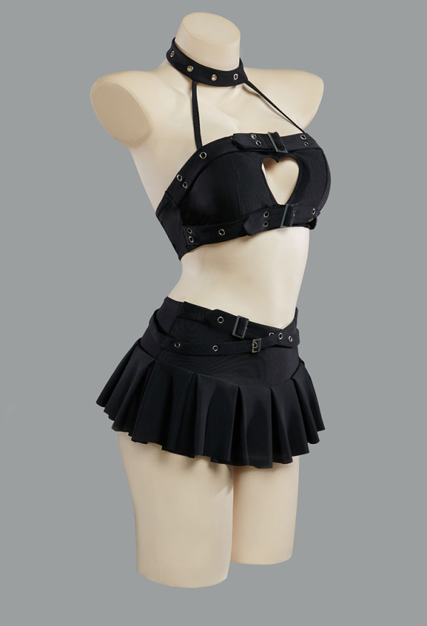 Dark Rebel Gothic Black Heart Cutout Swimsuit Punky Buckle Two-Piece Beach Wear Halter Top and Culottes Dark Rebel Gothic Black Heart Cutout Swimsuit Punky Buckle Two-Piece Beach Wear Halter Top and Culottes