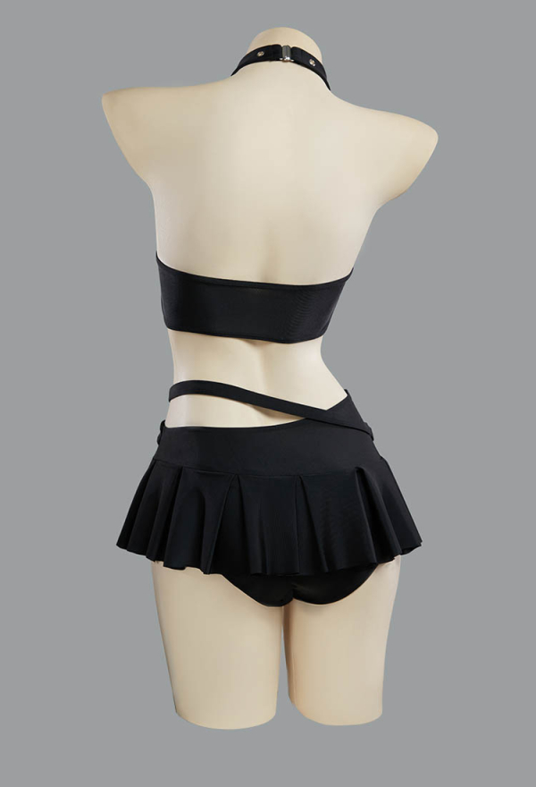 Dark Rebel Gothic Black Heart Cutout Swimsuit Punky Buckle Two-Piece Beach Wear Halter Top and Culottes Dark Rebel Gothic Black Heart Cutout Swimsuit Punky Buckle Two-Piece Beach Wear Halter Top and Culottes