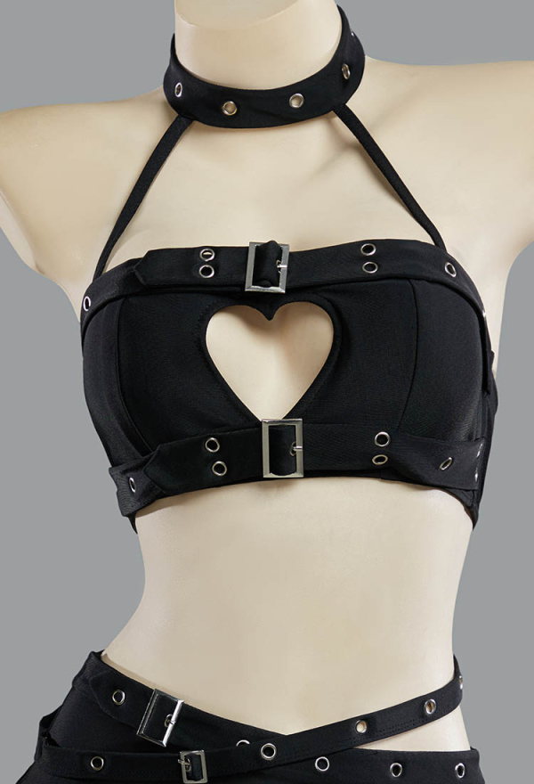Dark Rebel Gothic Black Heart Cutout Swimsuit Punky Buckle Two-Piece Beach Wear Halter Top and Culottes Dark Rebel Gothic Black Heart Cutout Swimsuit Punky Buckle Two-Piece Beach Wear Halter Top and Culottes