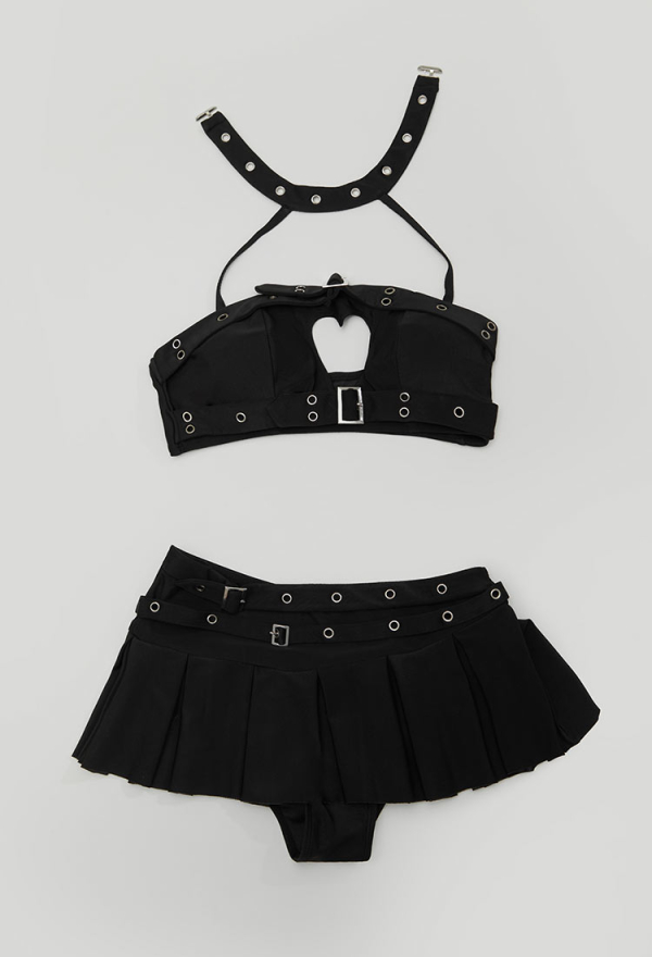 Dark Rebel Gothic Black Heart Cutout Swimsuit Punky Buckle Two-Piece Beach Wear Halter Top and Culottes Dark Rebel Gothic Black Heart Cutout Swimsuit Punky Buckle Two-Piece Beach Wear Halter Top and Culottes