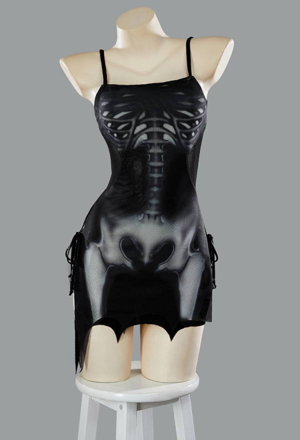 Ember Edge Gothic Black Skull Print Beach Dress Cami Summer Wear Ember Edge Gothic Black Skull Print Beach Dress Cami Summer Wear