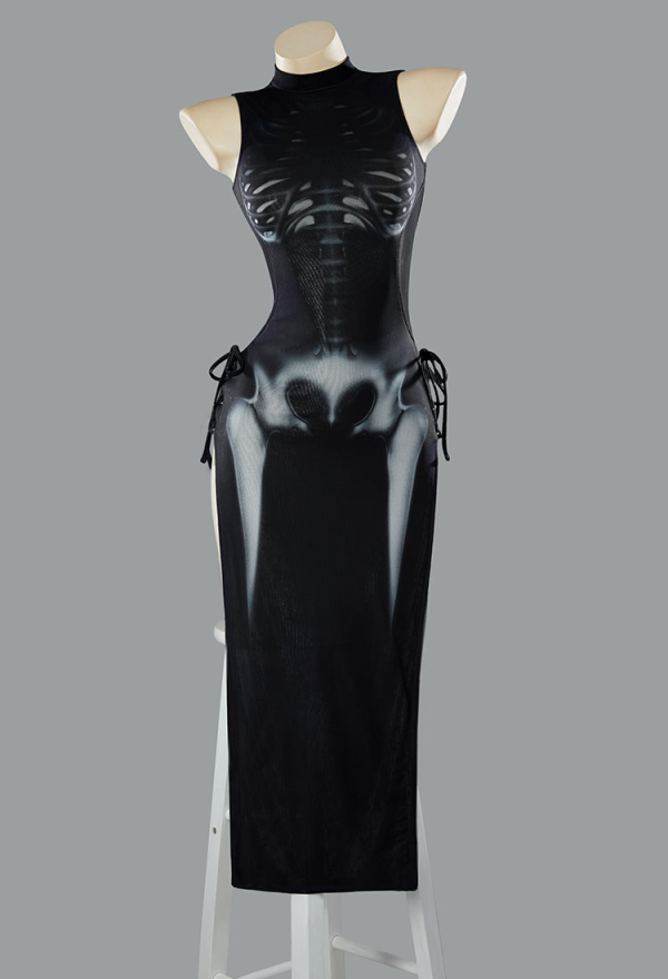 Ember Edge Gothic Black Skull Printed Beach Dress Strapless Tie Summer Wear Ember Edge Gothic Black Skull Printed Beach Dress Strapless Tie Summer Wear