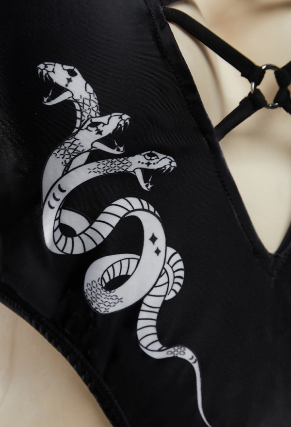 Medusa Gothic Black Snake Print One Piece Swimsuit Cross Cutout Bathing Suit