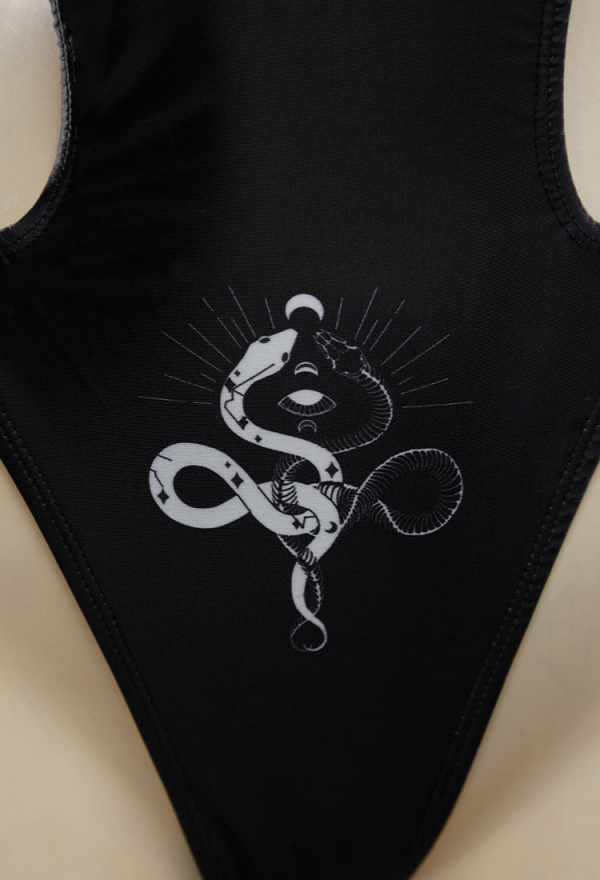 Medusa Gothic Black Snake Print One Piece Swimsuit Cross Cutout Bathing Suit