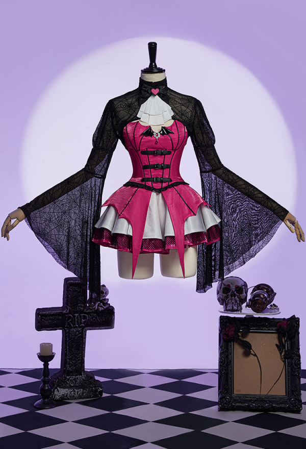 Haunted Night Gothic Corset Skirt Set Irregular Bat Styled Top and Multi-layered Skirt with Mesh Cover-up