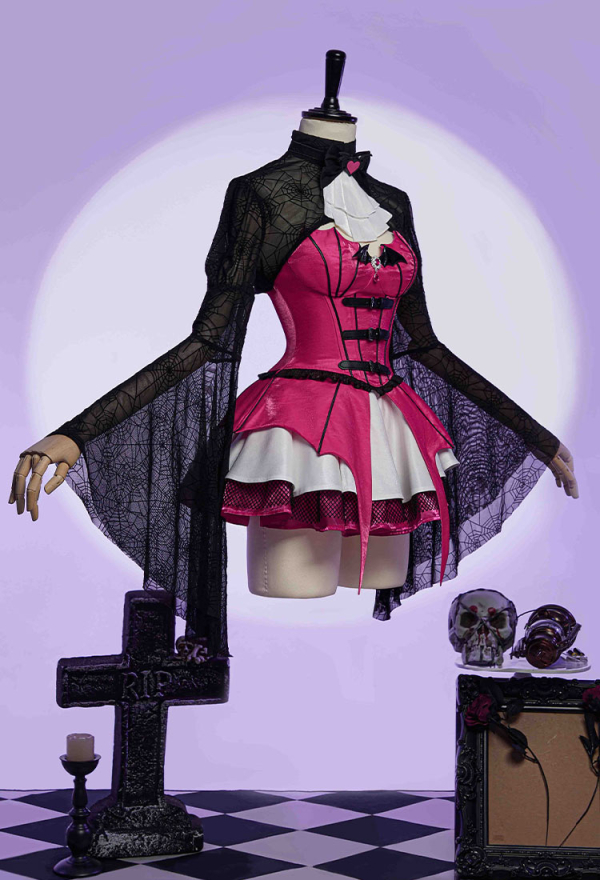 Haunted Night Gothic Corset Skirt Set Irregular Bat Styled Top and Multi-layered Skirt with Mesh Cover-up