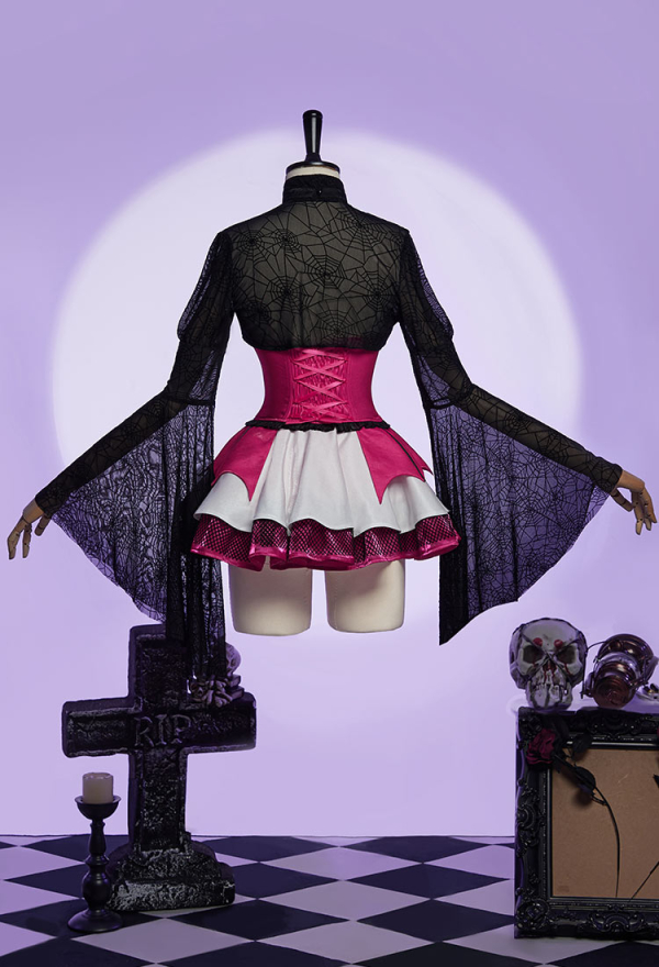 Haunted Night Gothic Corset Skirt Set Irregular Bat Styled Top and Multi-layered Skirt with Mesh Cover-up