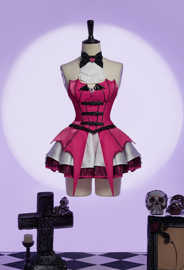 Haunted Night Gothic Corset Skirt Set Irregular Bat Styled Top and Multi-layered Skirt with Mesh Cover-up