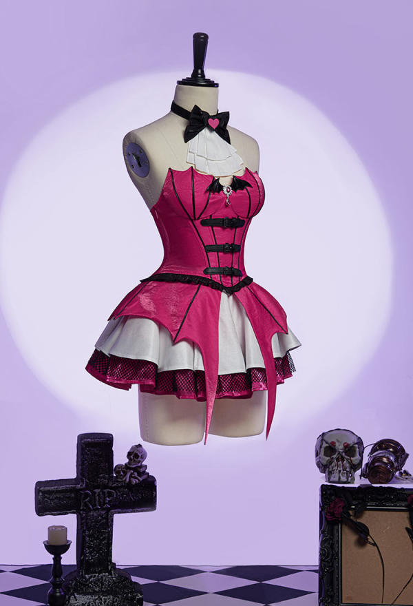 Haunted Night Gothic Corset Skirt Set Irregular Bat Styled Top and Multi-layered Skirt with Mesh Cover-up