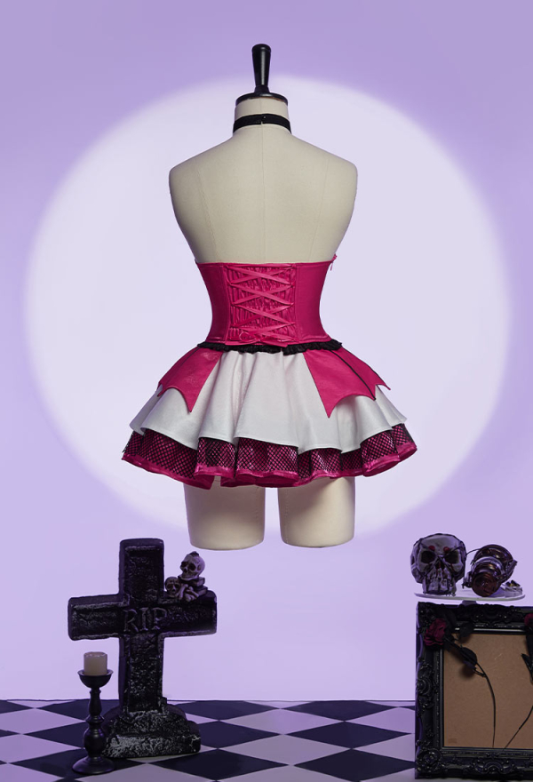 Haunted Night Gothic Corset Skirt Set Irregular Bat Styled Top and Multi-layered Skirt with Mesh Cover-up