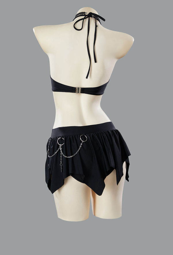 Gothic Broken Heart Shaped Swimsuit Two-Piece Bikini Set Halter Top and Culottes Bathing Suit with Choker Gothic Broken Heart Shaped Swimsuit Two-Piece Bikini Set Halter Top and Culottes Bathing Suit with Choker